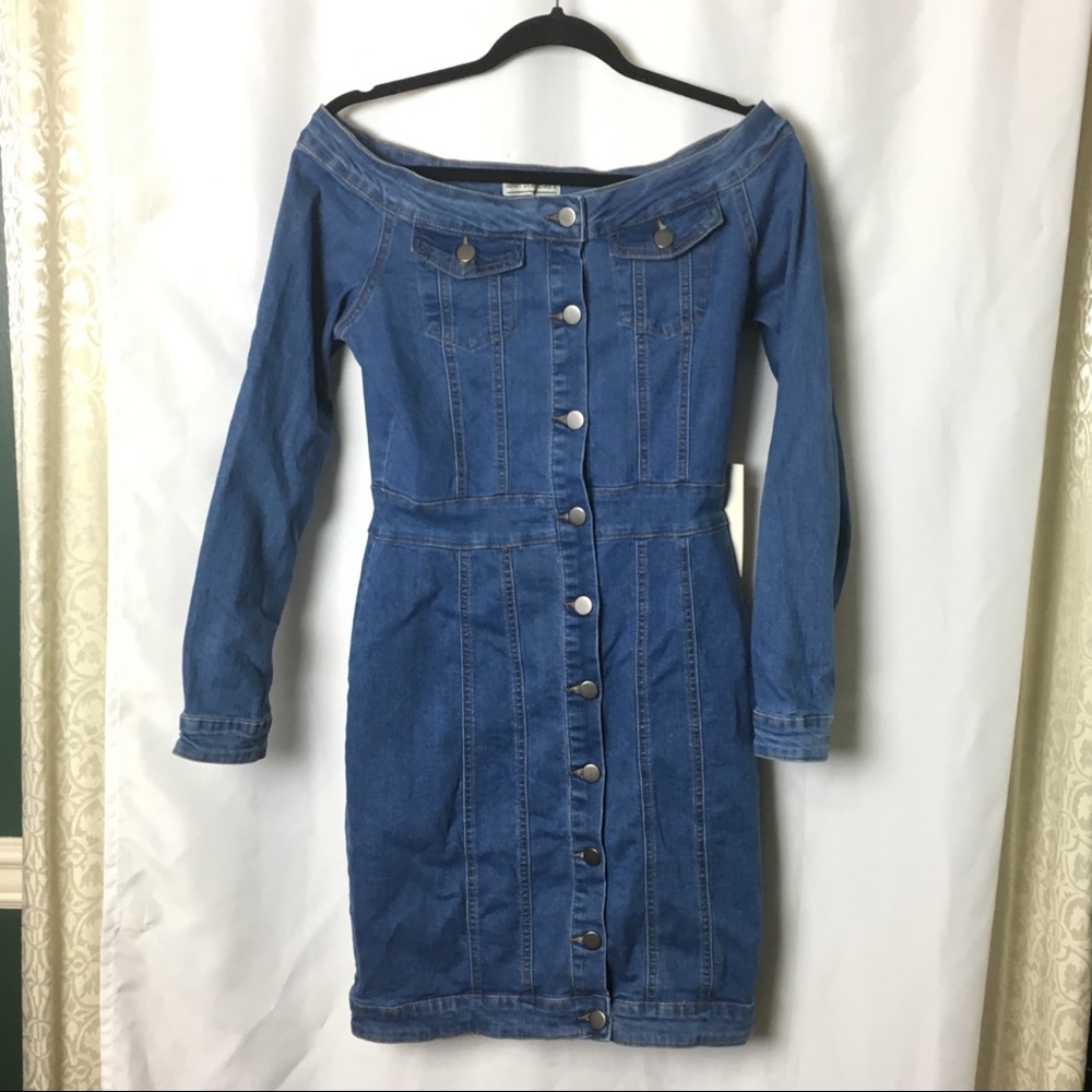 New S Denim jean jacket Shirt dress Off shoulder